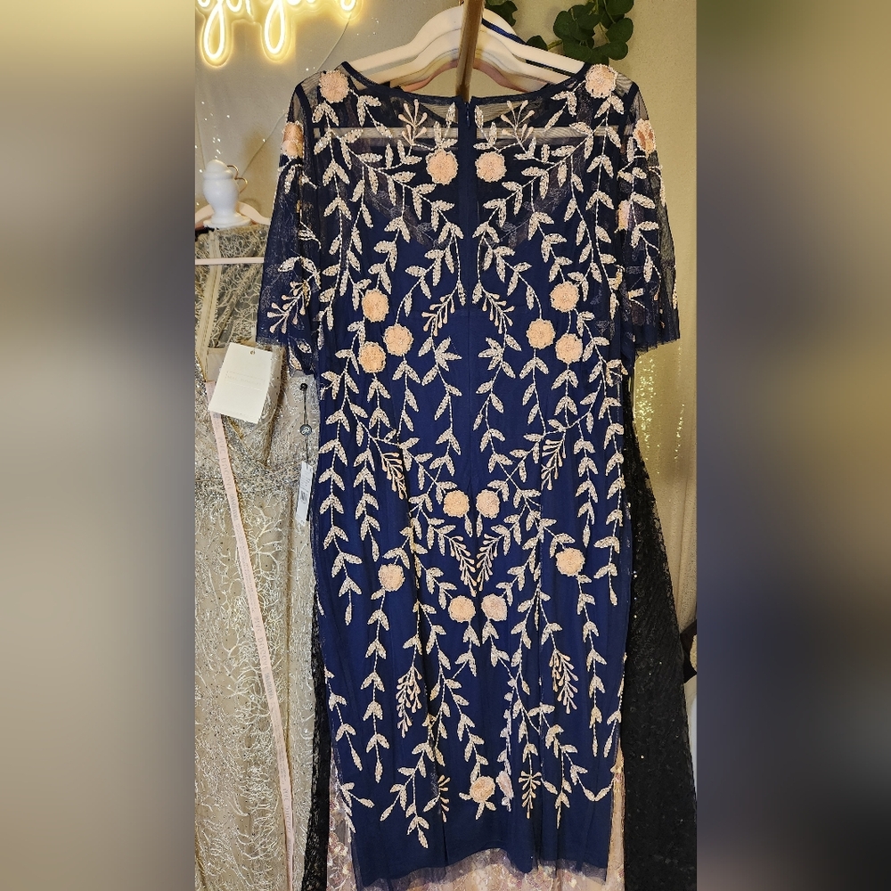 Adrianna Papell Navy & Blush Floral Sequin Embroidery Dress NWT - Picture 9 of 12